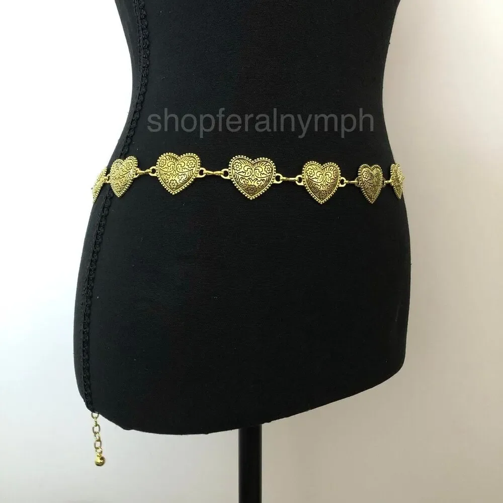 Vintage Y2K Boho Gold Textured Heart Chain Belt, Fits 22.5–40 Inches, X7GA1173